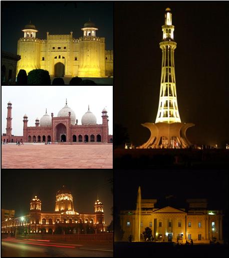 Clockwise from left: Lahore Fort, Minar e Pakistan, Wapda House, Quaid-e-Azam Library and Badshahi Mosque