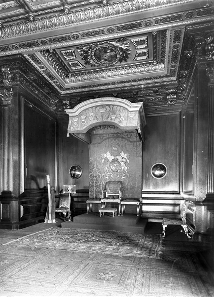 Long Gallery, with the Ambassadorial Throne and Canopy of the 10th Duke, decorated with the arms and initials of King George III