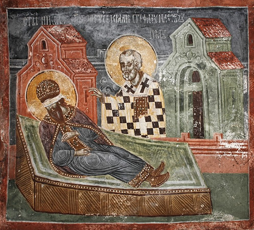 File:Patriarchate of Pec, St. Nicholas chapel - 17 Nicholas appears in a dream, reassuring Stepehn Decani.jpg