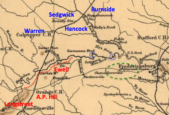 May 2 Virginia positions of Union (blue) and Confederate (red) forces, with Wilderness Tavern area circled in green and main fords circled in blue