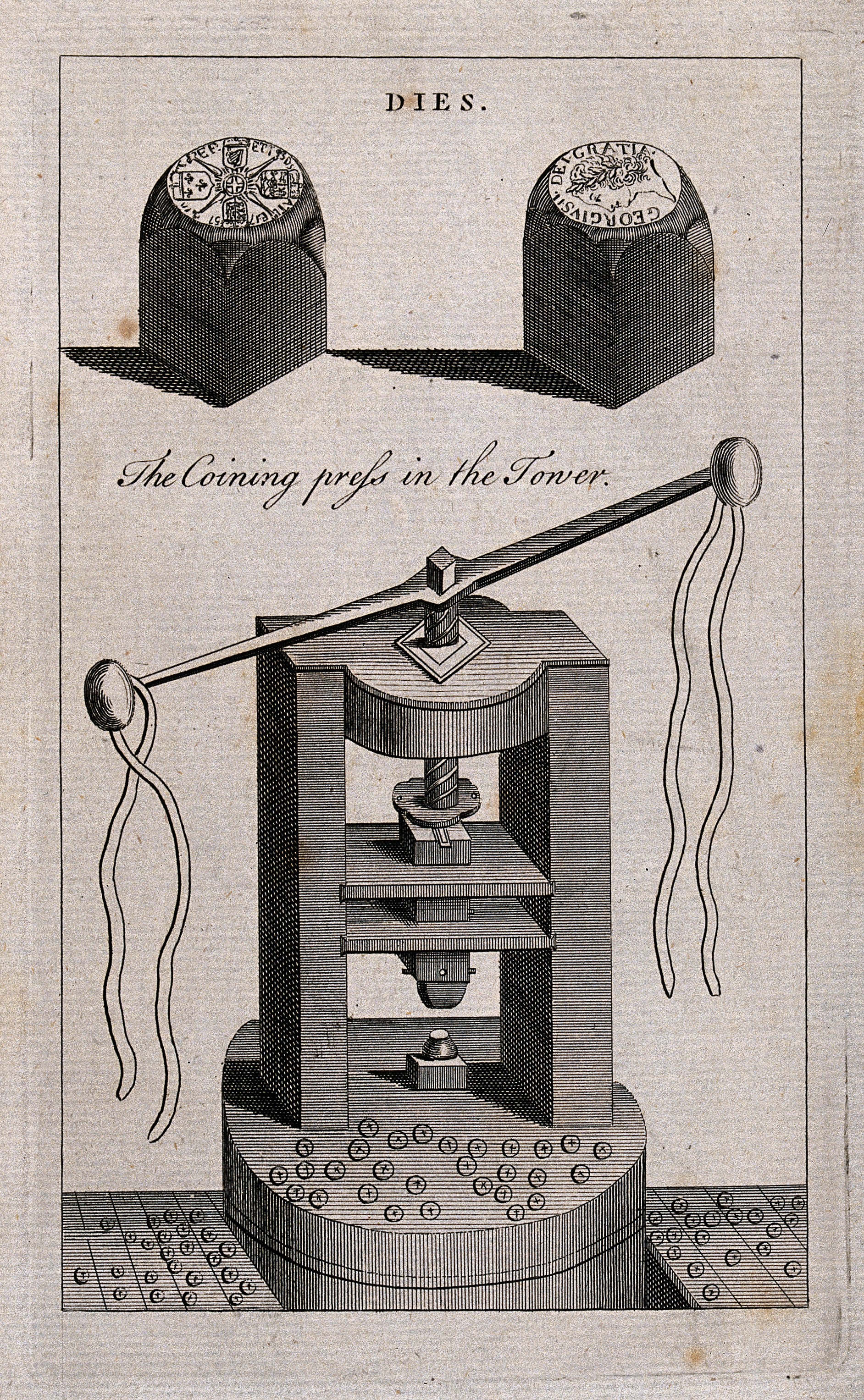 Coinage; elevation of a coin press with dies. Engraving. Wellcome V0023678