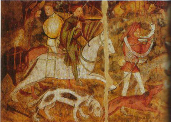 Medieval huntsmen, showing a limer and its handler