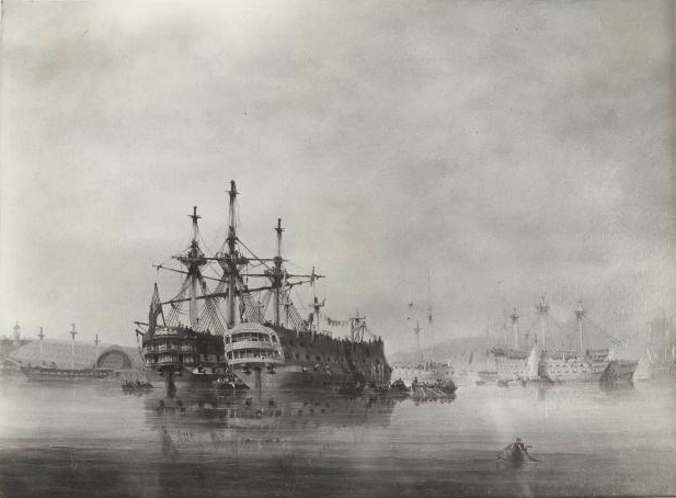 File:Nicholas Condy - Plymouth Harbour with HMS Revenge refitting and The Royal William In the distance.jpg