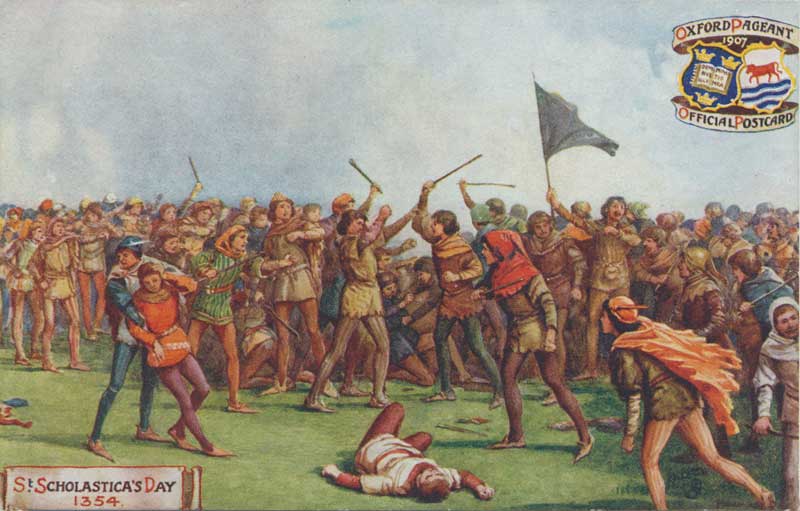 Artists impression of two groups of individuals fighting; a black flag is flying above one group, and some people are bearing cudgels