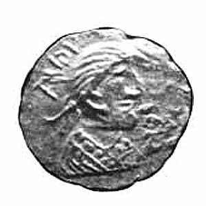 Coin image of a head, much worn.