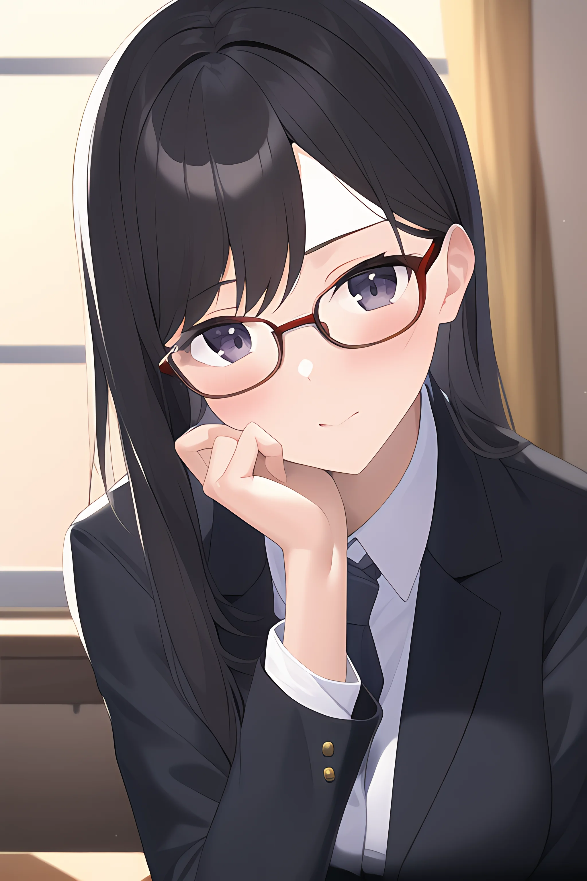 anime girl with black hair and glasses