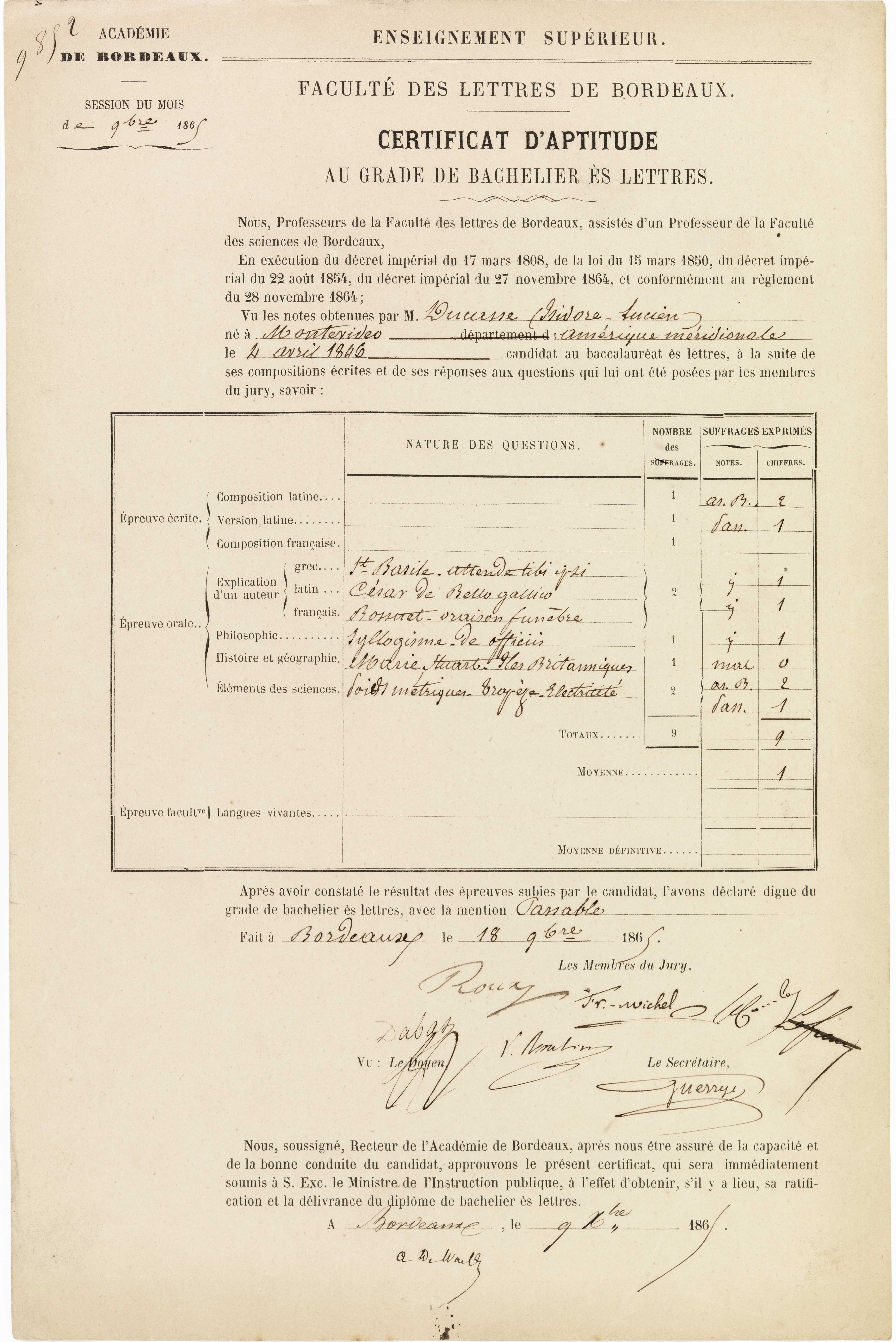 Bachillerato de Isidore Ducasse, 1865