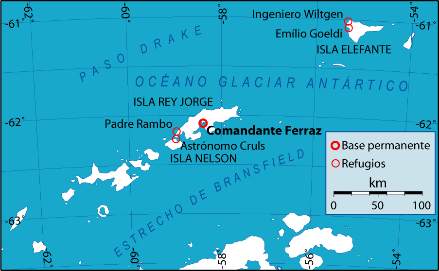 Mapa da área com a localização da estação e dos refúgios brasileiros.