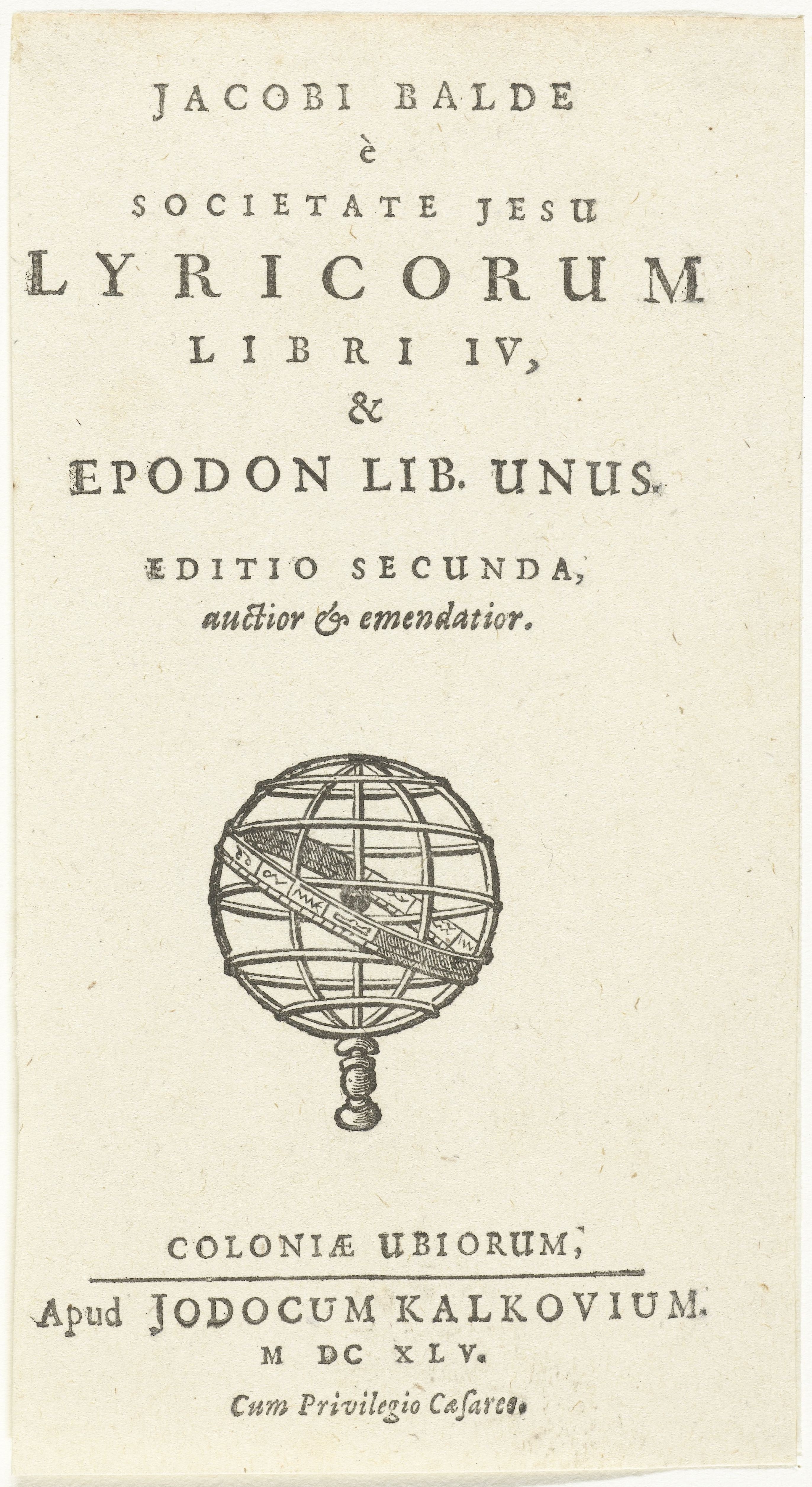 Jacob Balde, ''Lyricorum libri IV'', Lowijs Elzevier (III), Jost Kalckhoven, Cologne, 1645.