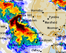 Radar image of the 2021 Sydney hailstorm at its peak intensity. 2021 sydney hailstorm radar image.png