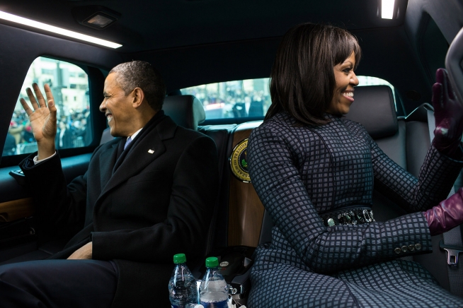 File:Barack and Michelle Obama wave from the presidential limousine.jpg