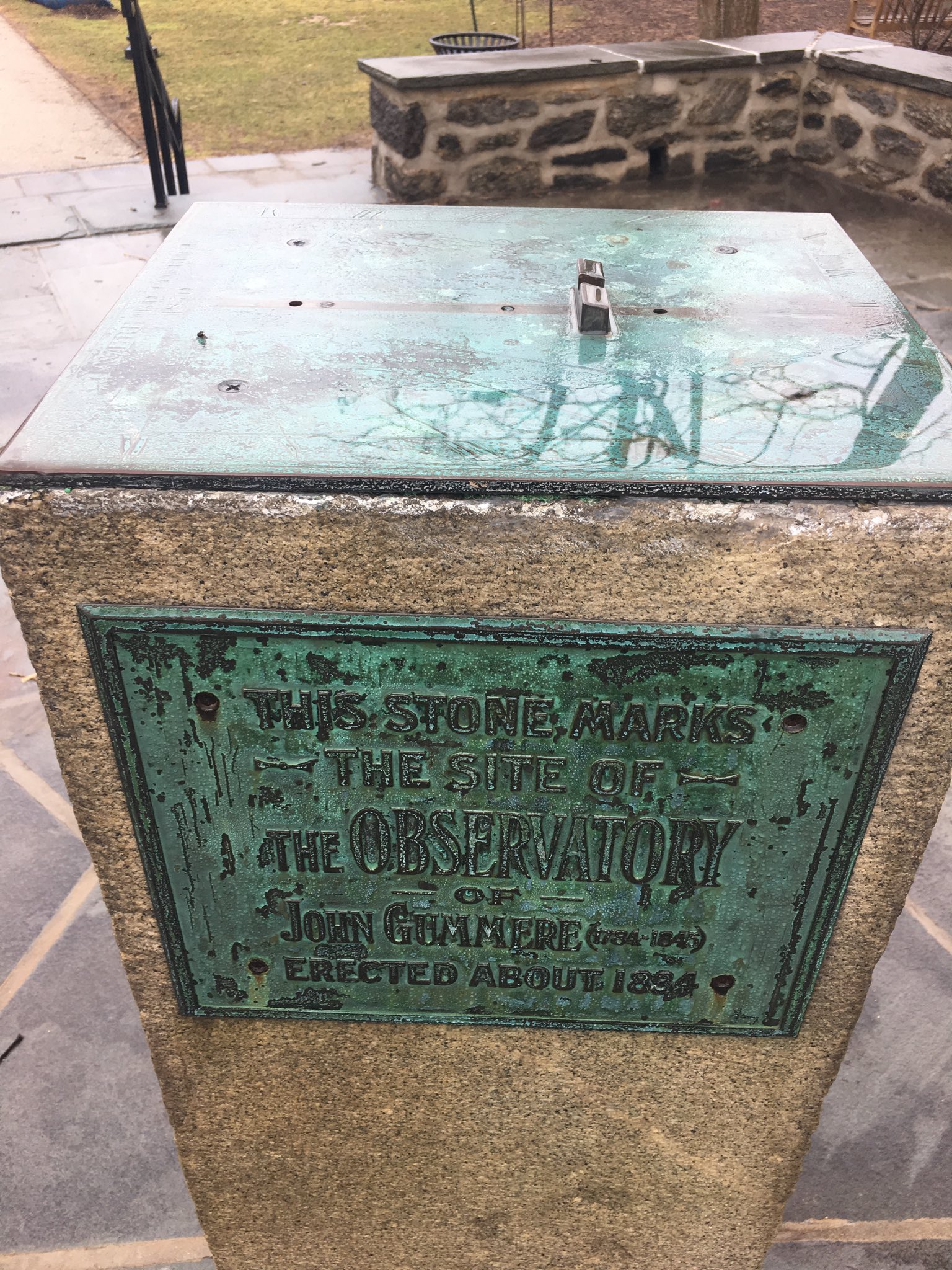 A plaque commemorating the location of the Gummere Observatory on the Haverford Campus. It reads "This stone marks the site of the Observatory of John Gummere (1784-1845). Erected about 1834."