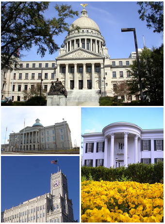 Images top, left to right: Mississippi State Capitol, Old Mississippi State Capitol, Lamar Life Building, Mississippi Governor