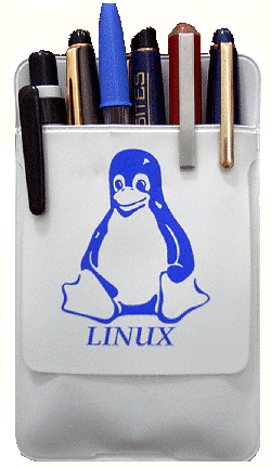 A pocket protector promoting the family of Linux operating systems.