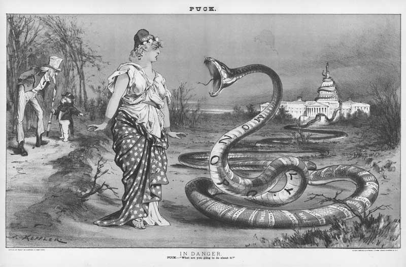 Cartoon by Joseph Keppler (<em>Puck</em> magazine, 1881).