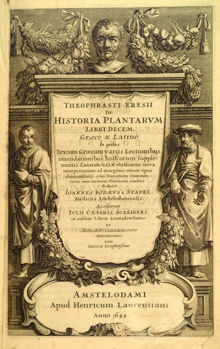 Frontispiece to a 1644 version of the expanded and illustrated edition of Theophrastus's Historia Plantarum (c. 1200), which was originally written around 200 BC