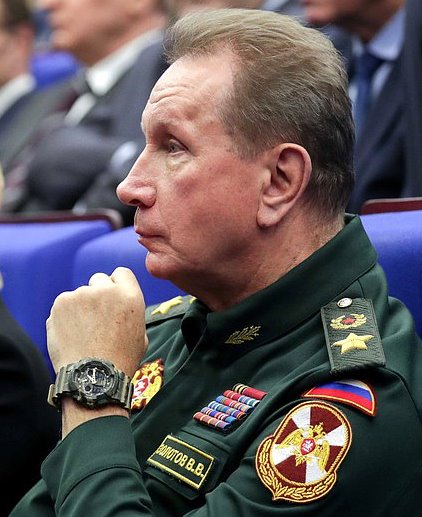 The first Director of the National Guard Viktor Zolotov. The emblem of the National Guard can be seen in an embroidered patch on his arm.