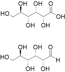 The skeletal structure of an aldonic acid, gluconic acid (top), and its aldose, glucose (bottom). Aldonic Acid 1.png