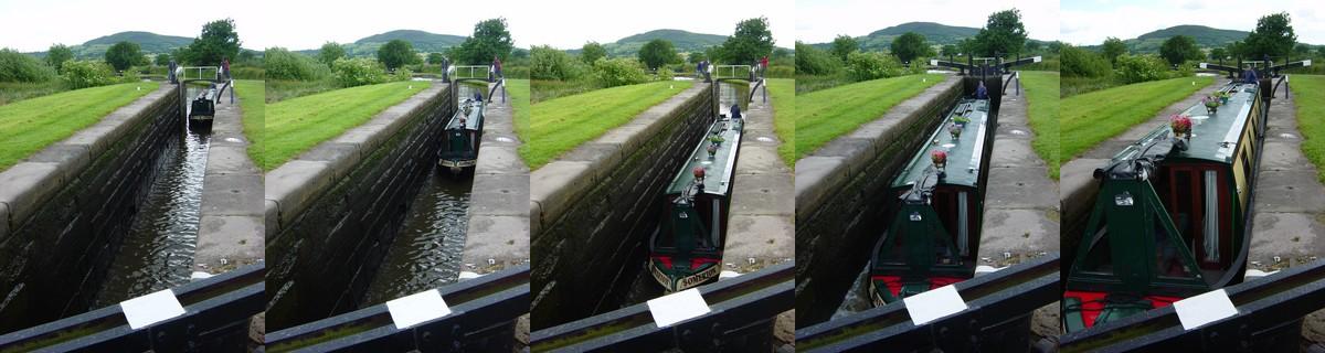 Operation of a canal lock 1–3. Boat enters 'empty' lock 4. Bottom gates are closed, bottom paddles closed, top paddles opened, lock starts to fill 5. Lock is filling with water, lifting boat to the higher level