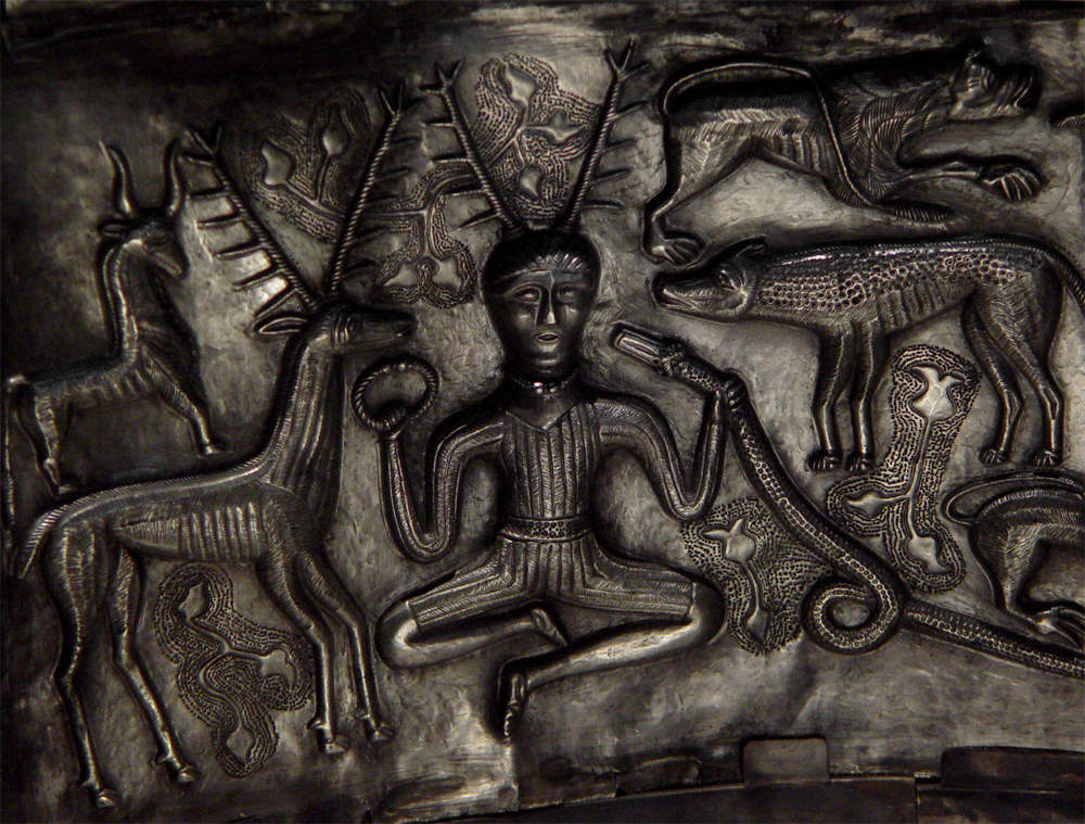 Detail of antlered figure on the Gundestrup Cauldron. Image by Bloodofox. CC license 3.0.