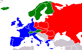 European trade blocs as of the late 1980s. EEC member states are marked in blue, EFTA - green, and Comecon - red. Europe 1988.png