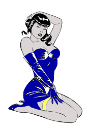 Jednoduchá vybarvená kresba s klečící Bettie Page dívající se směrem k divákovi a pózující s jednou rukou za zátylkem a druhou nataženou na stehno; černé vlasy jsou tvořeny ofinou a natočenými loknami, na sobě má modré šaty a lodičky, skrz šaty jí prosvítají bílé kalhotky, pod šaty má zlaté podvazky