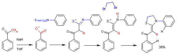 La reago de acetofenonenolato kun fenilisotiocianato.
En tiom unu-pota sintezo [5] la finfina reagprodukto estas Thiazolidine.
Tiu reago estas stereoselektive kun la formado de la Z-izomero nur.