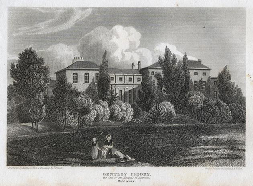 A print by an  unknown artist of Bentley Priory House, Stanmore, England c1800.