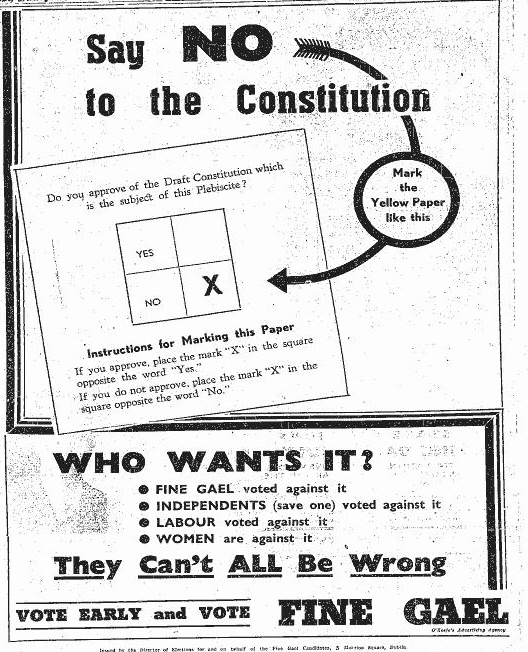 A Fine Gael poster from 1937 advocating that people should vote against the proposed new constitution.
