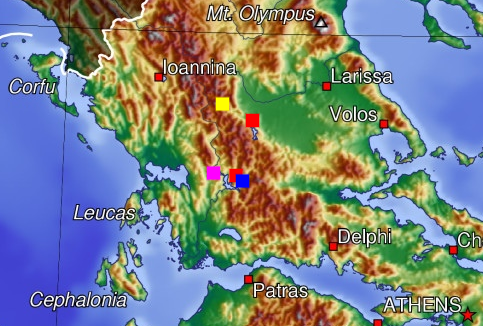 Distribution of Inchoatia megdova in Greece:
yellow square = Inchoatia megdova bruggeni
red square = Inchoatia megdova megdova
violet square = Inchoatia megdova palatalifera
dark blue square = Inchoatia megdova tavropodensis Inchoatia megdova map.png