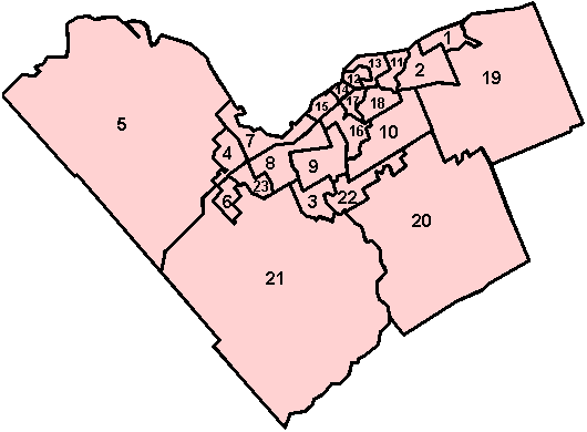 Map of Ottawa's Wards.
1. Orleans Ward
2. Innes Ward
3. Barrhaven Ward
4. Kanata North Ward
5. West Carleton-March Ward
6. Stittsville Ward
7. Bay Ward
8. College Ward
9. Knoxdale-Merivale Ward
10. Gloucester-Southgate Ward
11. Beacon Hill-Cyrville Ward
12. Rideau-Vanier Ward
13. Rideau-Rockcliffe Ward
14. Somerset Ward
15. Kitchissippi Ward
16. River Ward
17. Capital Ward
18. Alta Vista Ward
19. Cumberland Ward
20. Osgoode Ward
21. Rideau-Goulbourn Ward
22. Gloucester-South Nepean Ward
23. Kanata South Ward. Ottawawards-2006.PNG