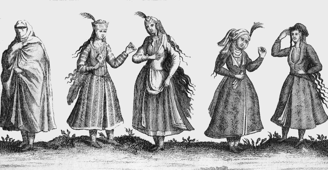 A drawing of five women standing in a row wearing outfits from the Safavid Persian Empire of varying modesty ranging from fully veiled to loose hair.