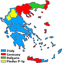 Map of Axix occupied Greece with Pindus in yellow.