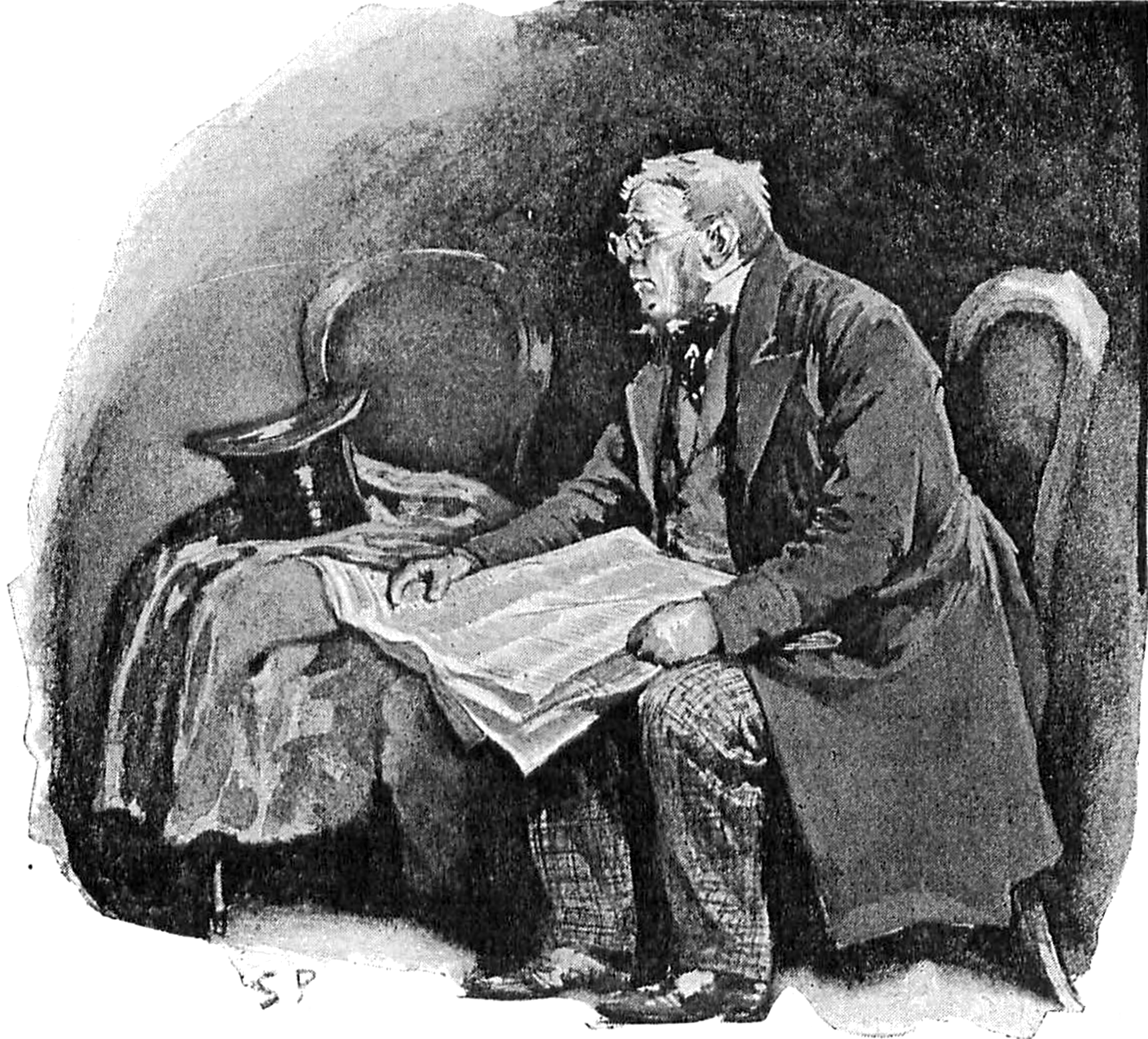 Illustration of a person sitting on a chair holding sheets of paper, with a hat on another chair behind and to the left