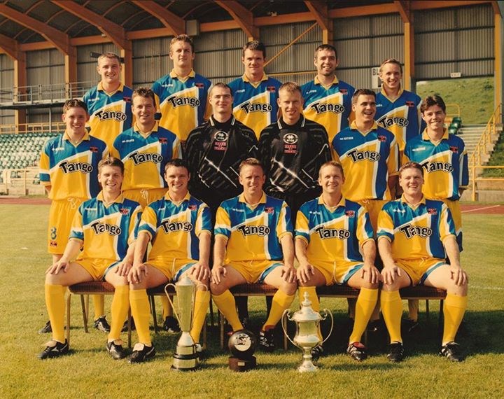 File:Barry of 1999 with League of Wales Cup, FAW Premier Cup and Welsh Premier trophy.jpg