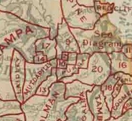 Map of Bundanba Division and adjacent local government areas, March 1902. Legend: Ipswich Municipality (2), Brassall Division (9), Bundanba Division (10), Normanby Division (13), Rosewood Division (14), Walloon (17) Bundanba Division, March 1902.jpg