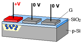 The charge packets (electrons, blue) are collected in potential wells (yellow) created by applying positive voltage at the gate electrodes (G). Applying positive voltage to the gate electrode in the correct sequence transfers the charge packets.
