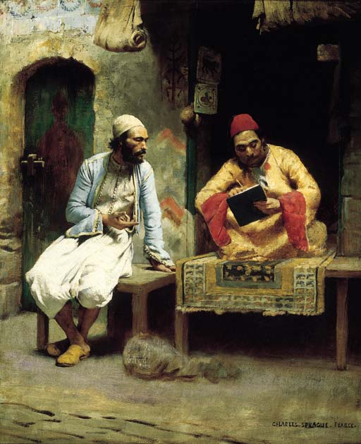 A man in baggy white trousers and a blue jacket dictates to a cross-legged man in a gold robe trimmed with red, who is taking down notes with his right hand on a pad he holds with his left.