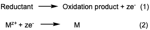 Reactions 1 and 2 describes the general process of the reduction of metals and the oxidation of a reducing agents. M is the metal cation (ex, Ni, Cu, Pt cations). M is elemental metal after reduction. Reductants (reducing agents) is a substance loses electrons and gets a higher oxidation state (ex. formaldehyde, hydrazine etc.). Oxidation products is the result of the reductants losing electrons (ex. formadedhyde transformation to formic acid. ze is the number of electrons transferred from the reductant to the metal cations. General ED redox reaction.png