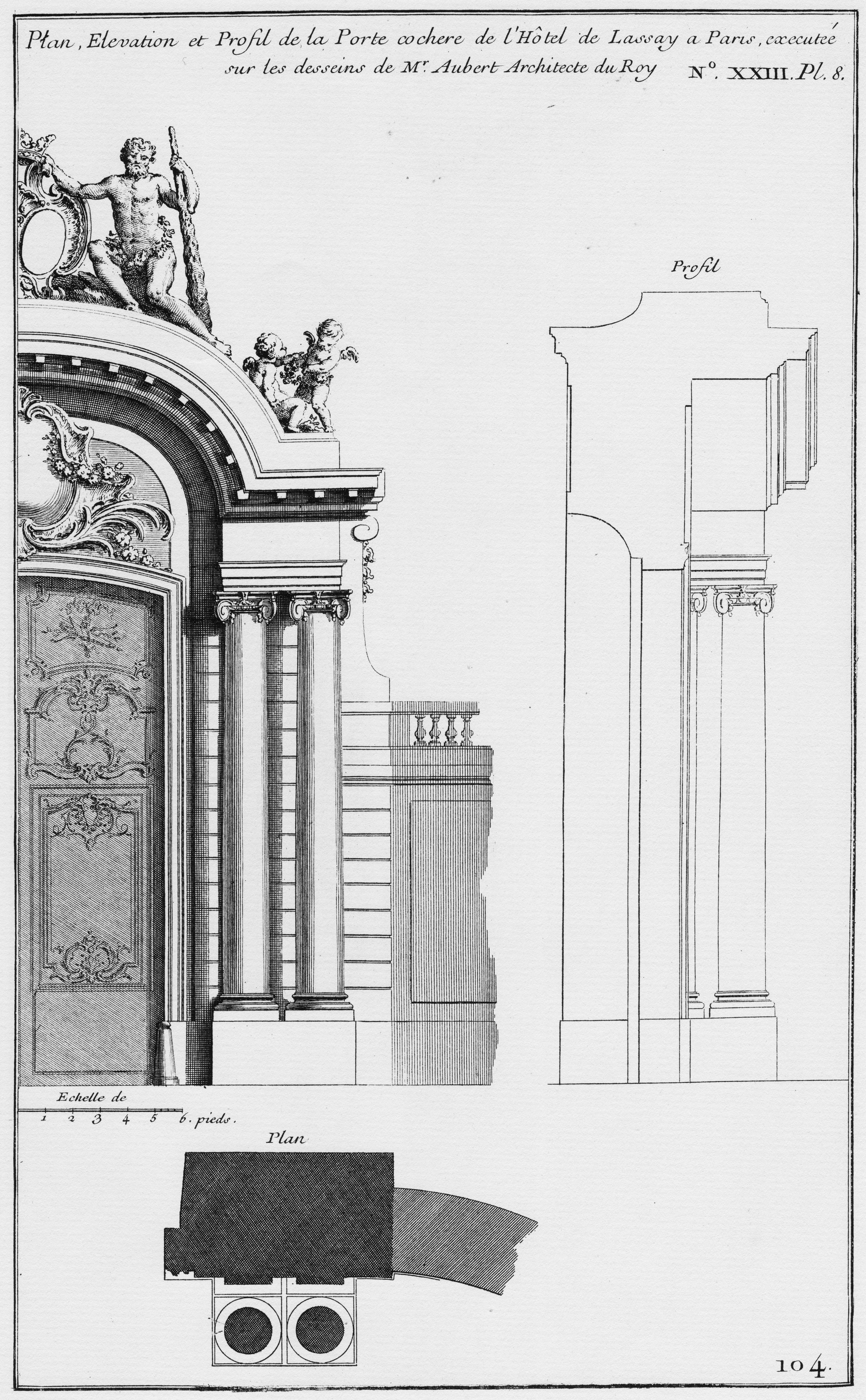File:Hôtel de Lassay - Plan, élévation, et profil de la porte cochère -  Architecture françoise Tome1 Livre2 Ch23 Pl8.jpg - Wikimedia Commons