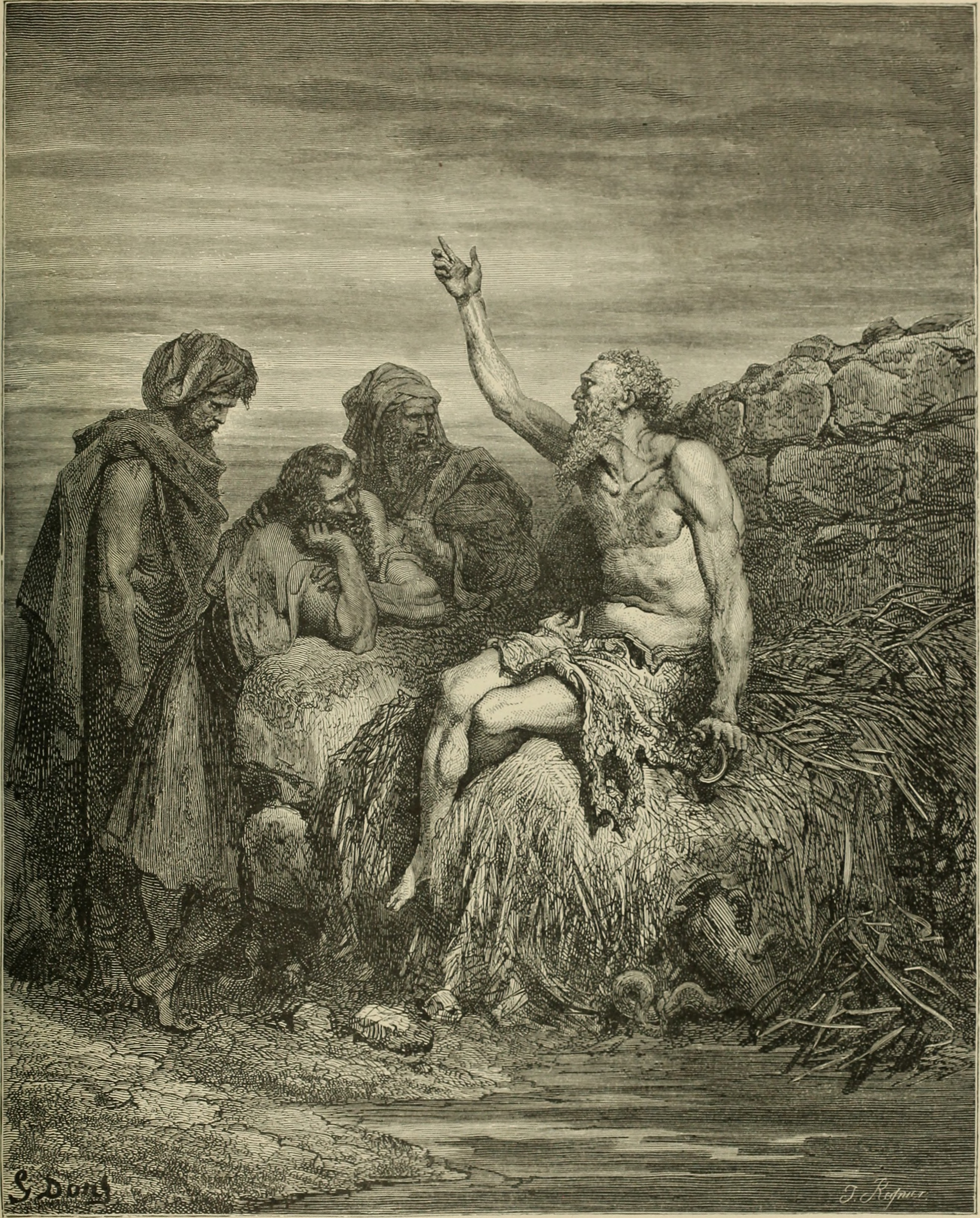 An illustration of Job, conversing with his friends. Job's Misotheism is powerful because of the emotional distance he needs to travel when rebelling.