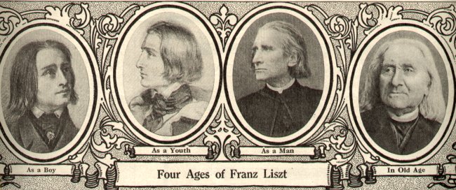 Vier portretten van Franz Liszt. V.l.n.r.: als jongen, als tiener, als man en op hoge leeftijd
