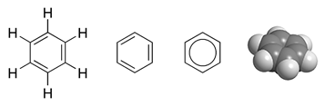 Een molecuul benzeen heeft een ring van zes koolstofatomen en zes waterstofatomen.