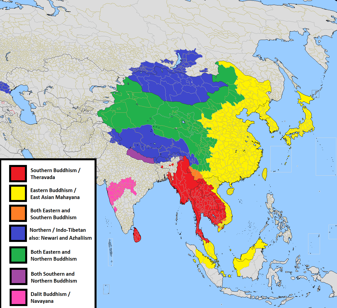 Map showing the areas of the three major Buddhist sects: Mahayana, Theravada, and Vajrayana