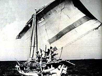 A Makassarese wooden sailboat or prau of the type trepangers have used for centuries