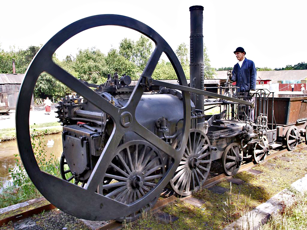 Trevithick's 1802 steam locomotive used a flywheel to evenly distribute the power of its single cylinder.