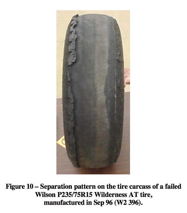 Separation pattern on the tire carcass of a failed Wilson P235/75R15 Wilderness AT tire, manufactured in Sep 96(W2 396).