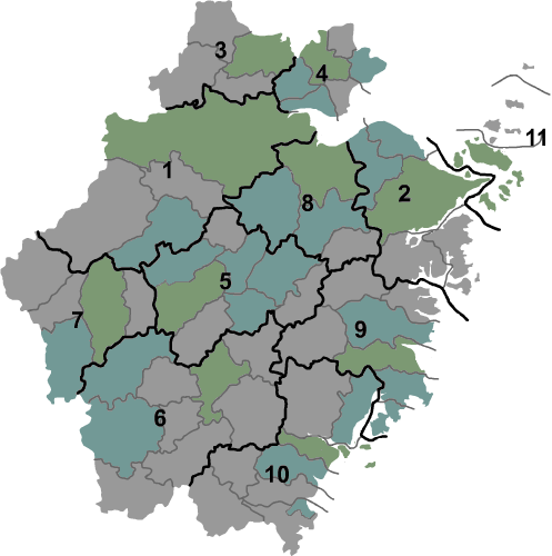 浙江省行政區域圖。杭州市位於圖中1的位置。