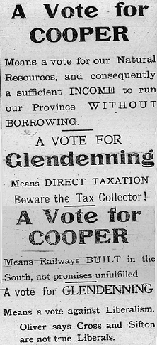 A ad that appeared in the Nanton News 10 April 1913 effectively highlights campaign issues, the ad was run by Conservative J.T. Cooper to attack his opponent Liberal John Glendenning 1913nantondistrictelectionad.png