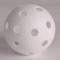 A floorball ball. This is a plastic precision type ball, characterized by 1,516 tiny dimples that reduce air resistance, as well as friction on the floor.